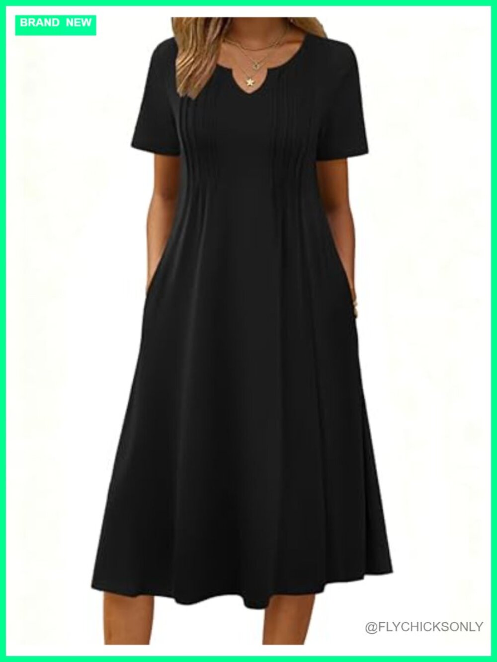 Casual Short Sleeve A-Line Midi Dress with Pockets Flowy Pleated Beach Sundress